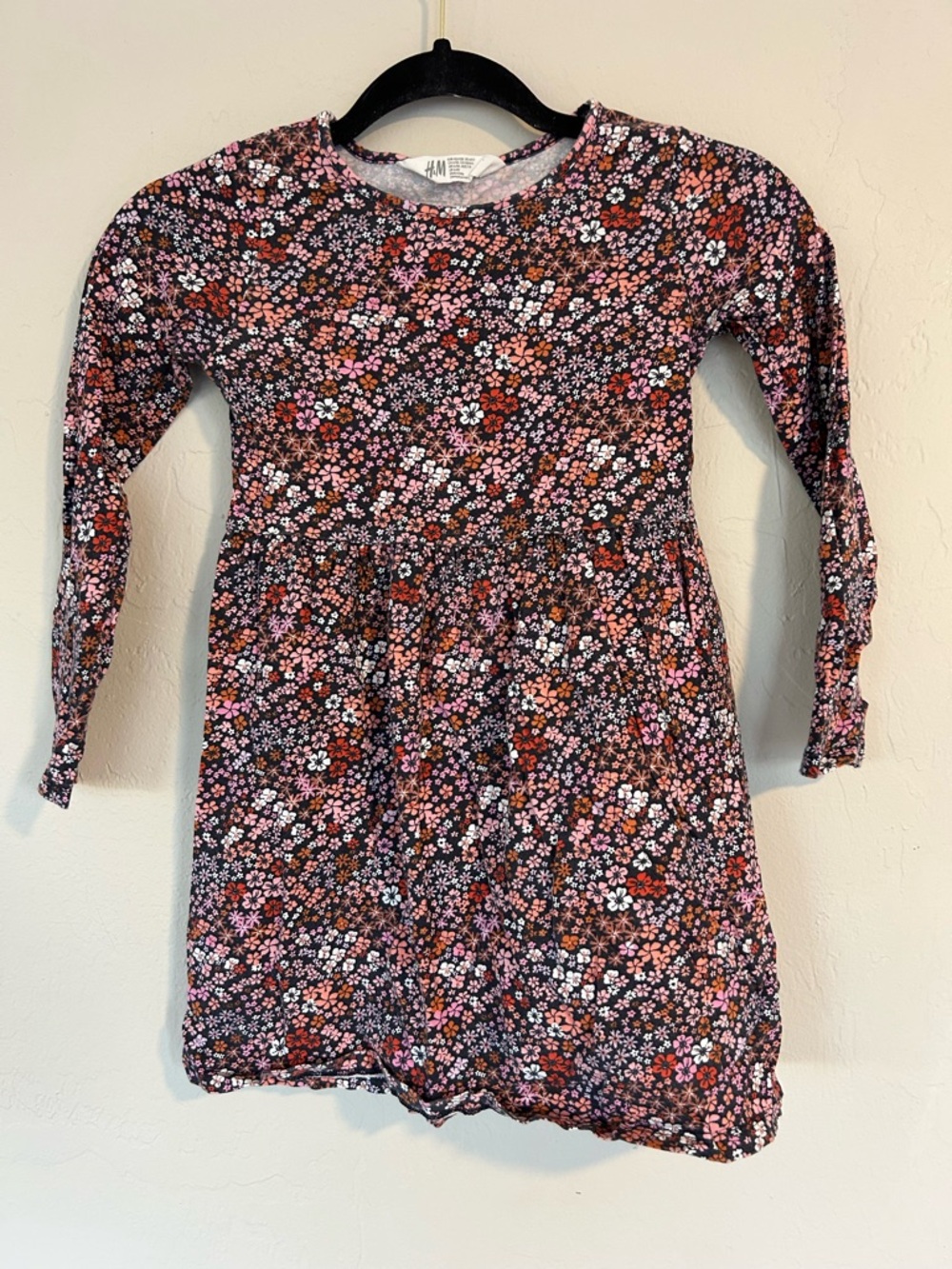 H&M Dress Girls 6-7 Black Pink Floral Long Sleeve Cotton Causal Twirl Dress(1628